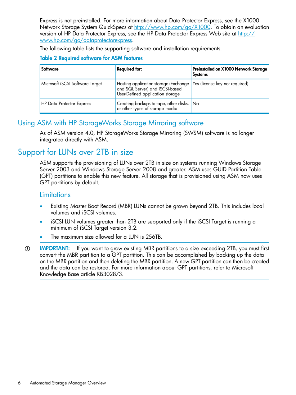 Support for luns over 2tb in size, Limitations | HP X1800sb G2 Network Storage Blade User Manual | Page 6 / 55