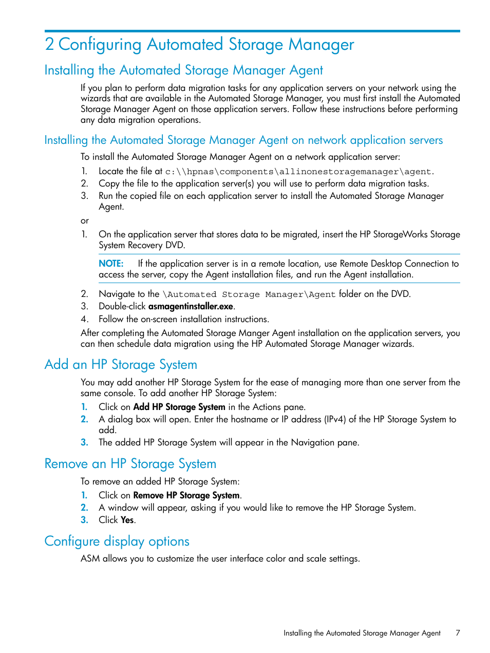 2 configuring automated storage manager, Installing the automated storage manager agent, Add an hp storage system | Remove an hp storage system, Configure display options | HP X1800sb G2 Network Storage Blade User Manual | Page 7 / 55