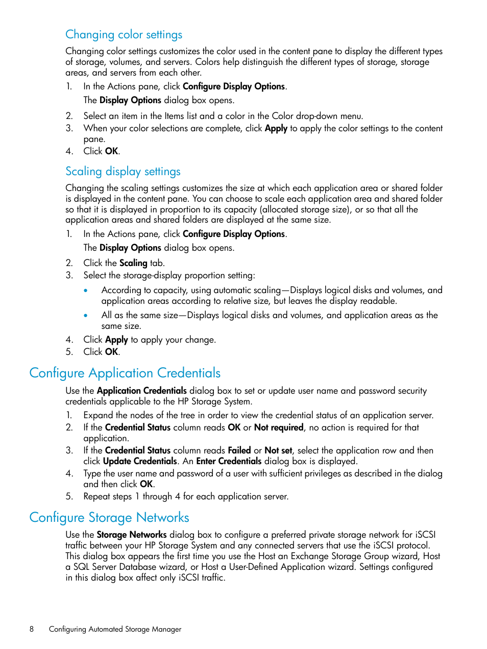 Configure application credentials, Configure storage networks, Changing color settings | Scaling display settings | HP X1800sb G2 Network Storage Blade User Manual | Page 8 / 55