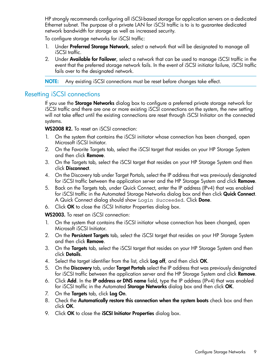 Resetting iscsi connections | HP X1800sb G2 Network Storage Blade User Manual | Page 9 / 55