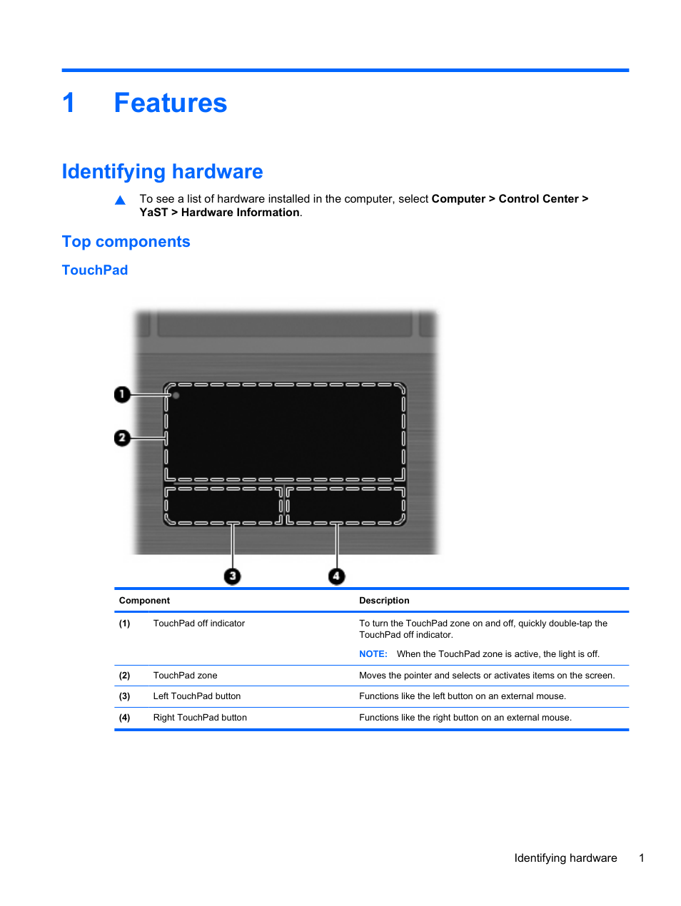 Features, Identifying hardware, Top components | Touchpad, 1 features, 1features | HP ProBook 4720s Notebook-PC User Manual | Page 11 / 102
