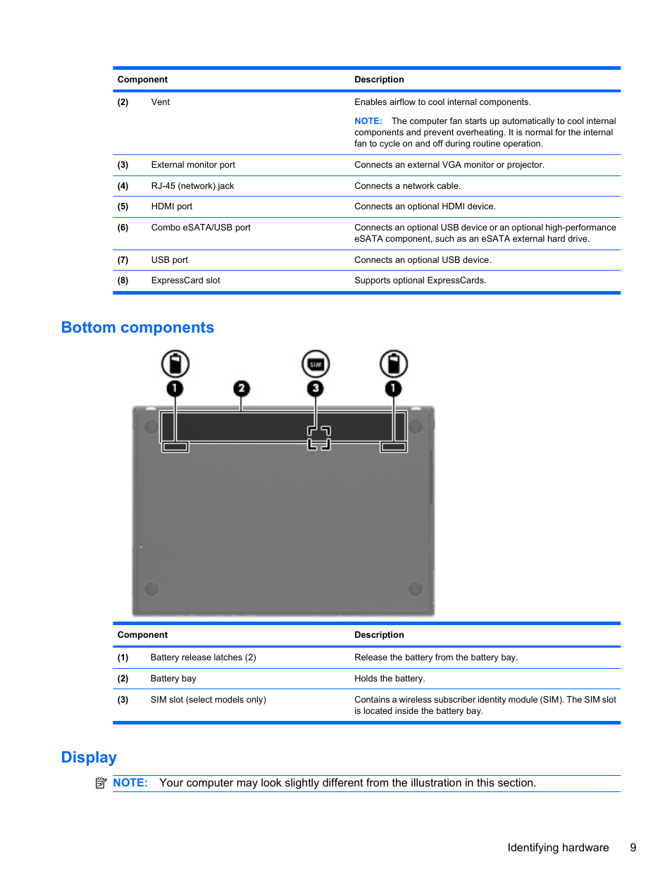 Bottom components, Display, Bottom components display | HP ProBook 4720s Notebook-PC User Manual | Page 19 / 102