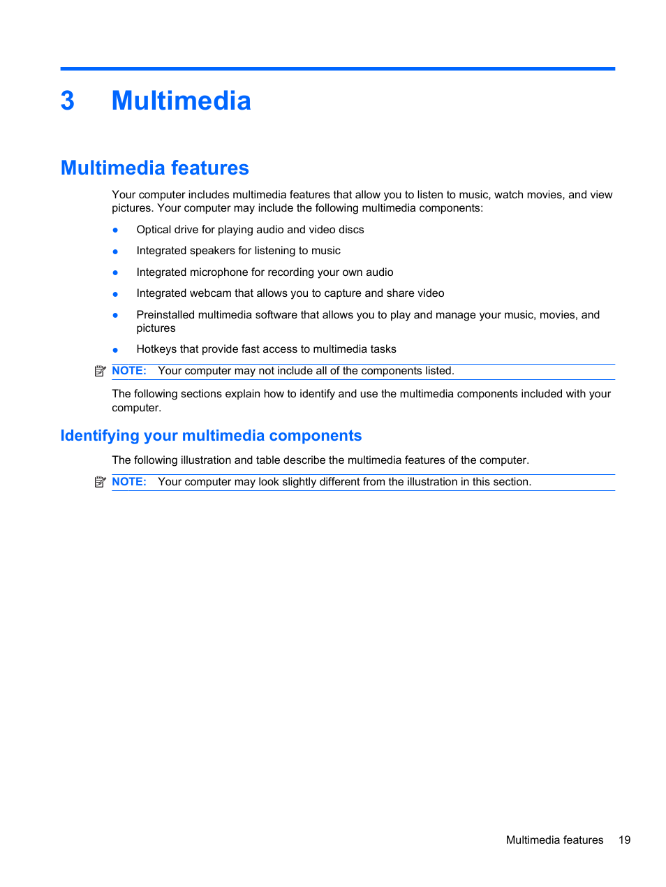 Multimedia, Multimedia features, Identifying your multimedia components | 3 multimedia, 3multimedia | HP ProBook 4720s Notebook-PC User Manual | Page 29 / 102