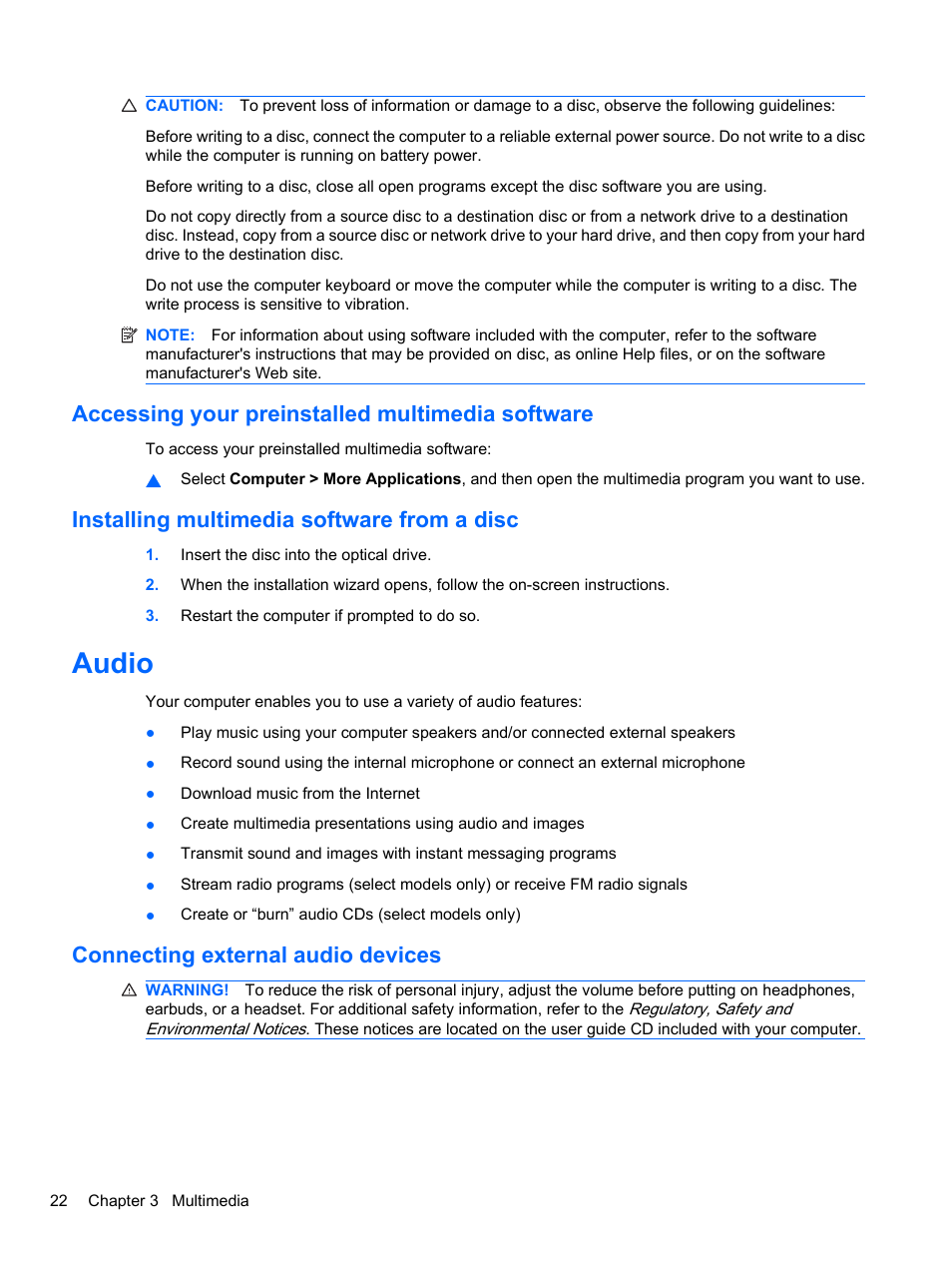 Accessing your preinstalled multimedia software, Installing multimedia software from a disc, Audio | Connecting external audio devices | HP ProBook 4720s Notebook-PC User Manual | Page 32 / 102