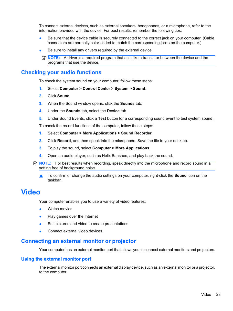 Checking your audio functions, Video, Connecting an external monitor or projector | Using the external monitor port | HP ProBook 4720s Notebook-PC User Manual | Page 33 / 102