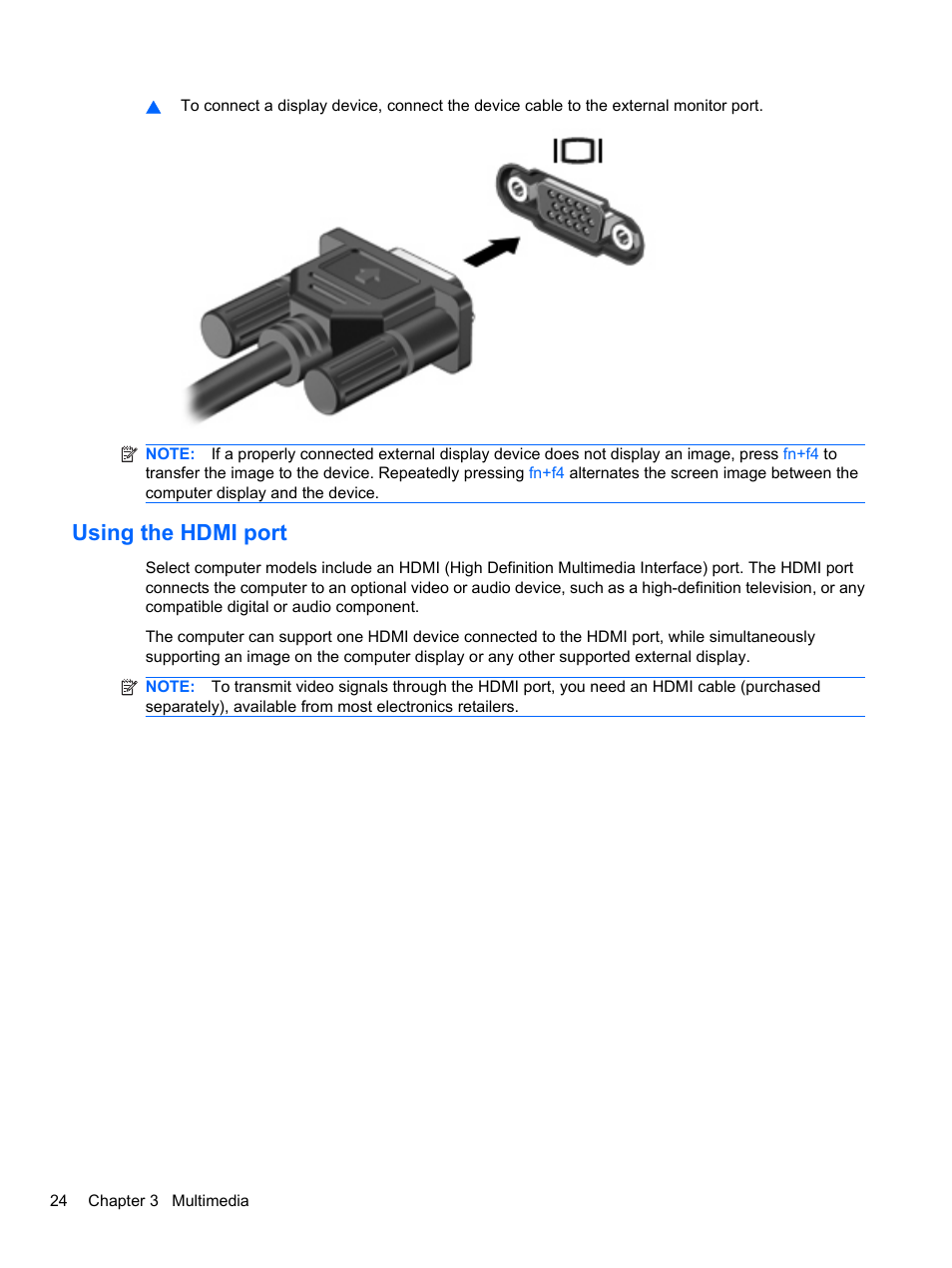 Using the hdmi port | HP ProBook 4720s Notebook-PC User Manual | Page 34 / 102