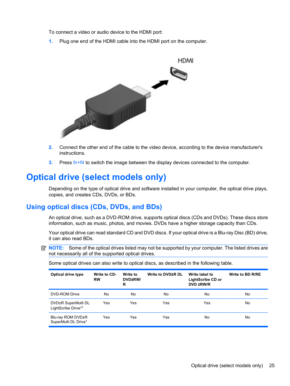 Optical drive (select models only), Using optical discs (cds, dvds, and bds) | HP ProBook 4720s Notebook-PC User Manual | Page 35 / 102