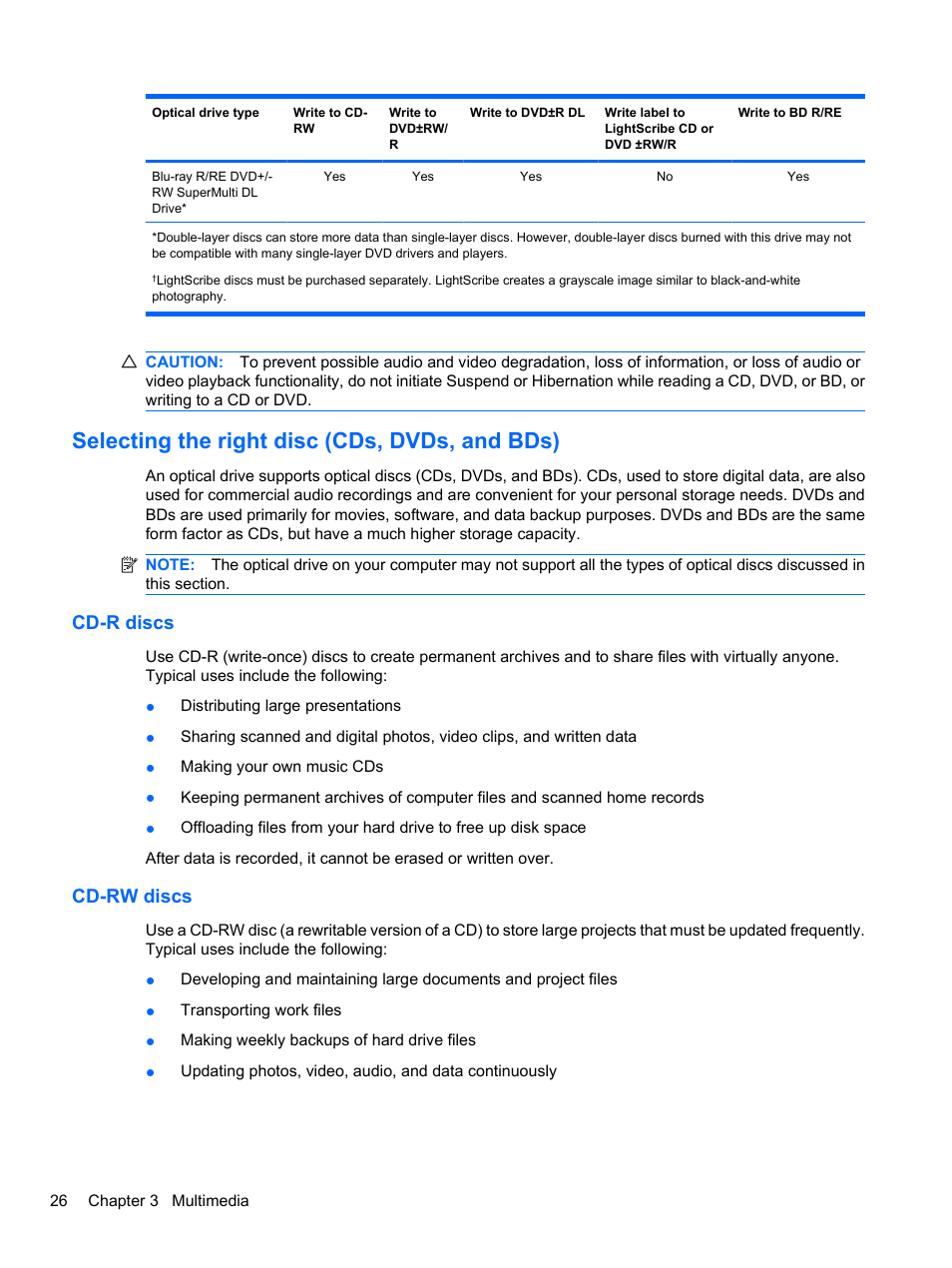 Selecting the right disc (cds, dvds, and bds), Cd-r discs, Cd-rw discs | Cd-r discs cd-rw discs | HP ProBook 4720s Notebook-PC User Manual | Page 36 / 102