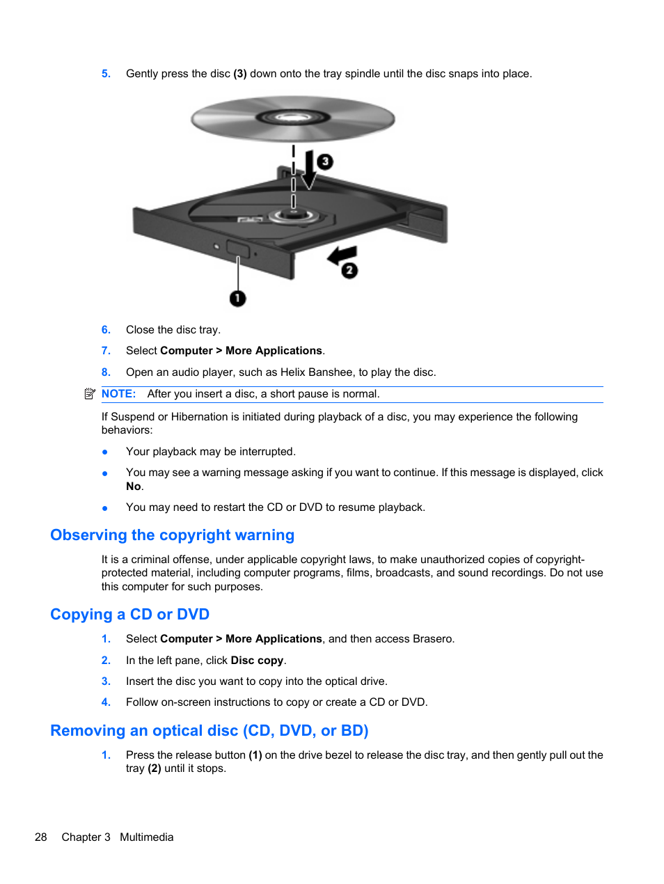 Observing the copyright warning, Copying a cd or dvd, Removing an optical disc (cd, dvd, or bd) | HP ProBook 4720s Notebook-PC User Manual | Page 38 / 102