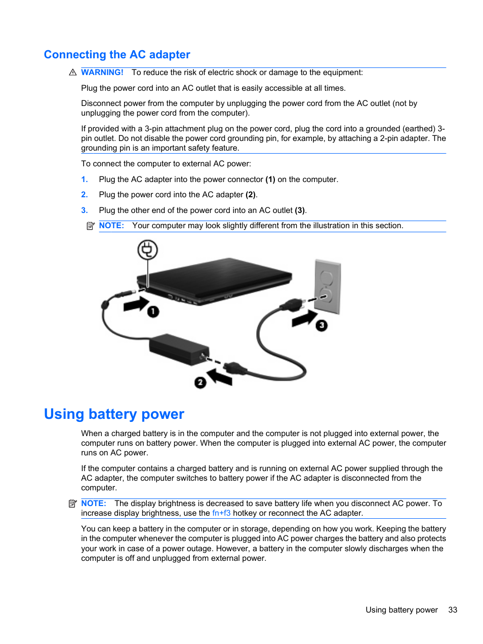 Connecting the ac adapter, Using battery power | HP ProBook 4720s Notebook-PC User Manual | Page 43 / 102