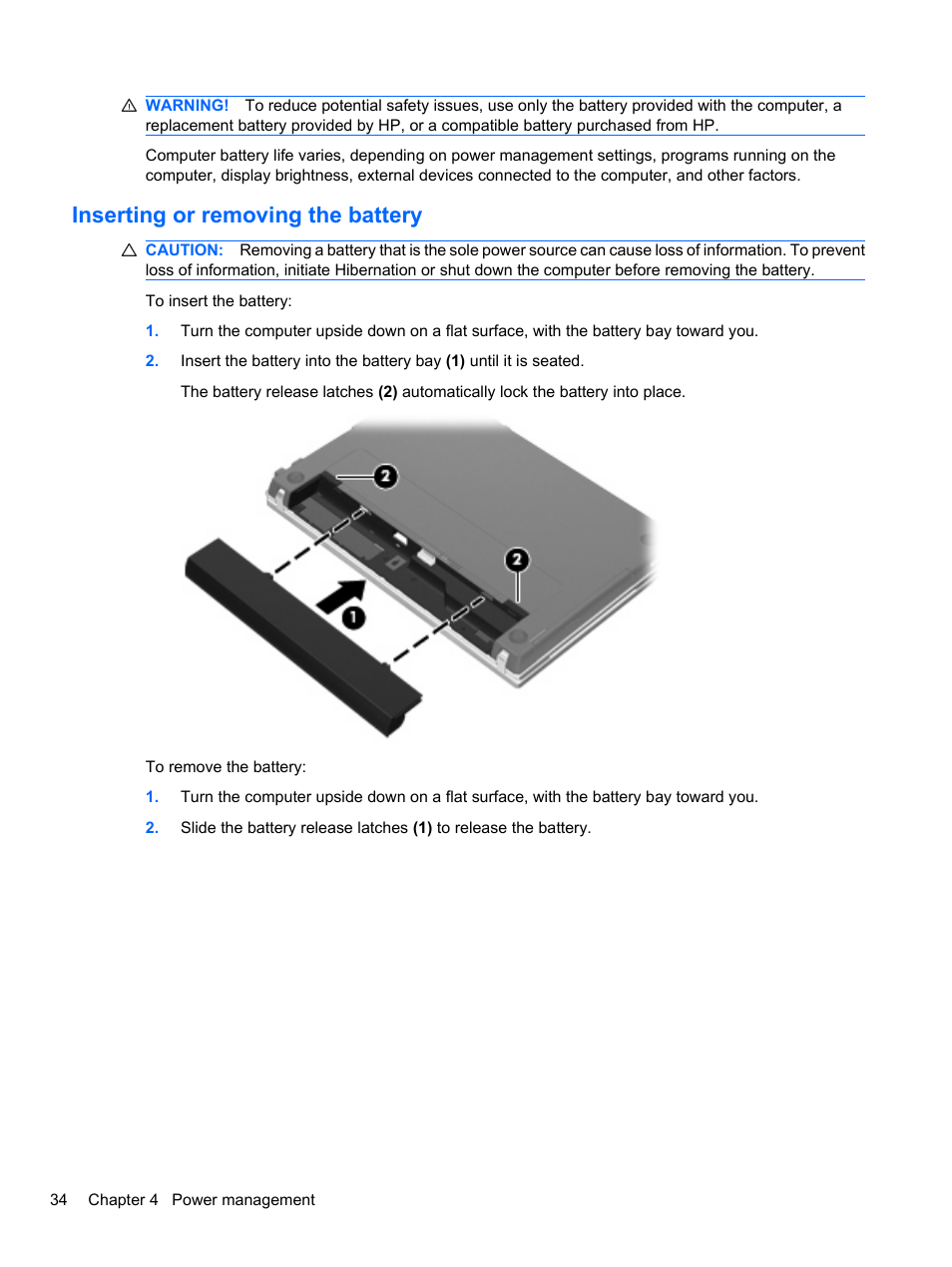 Inserting or removing the battery | HP ProBook 4720s Notebook-PC User Manual | Page 44 / 102