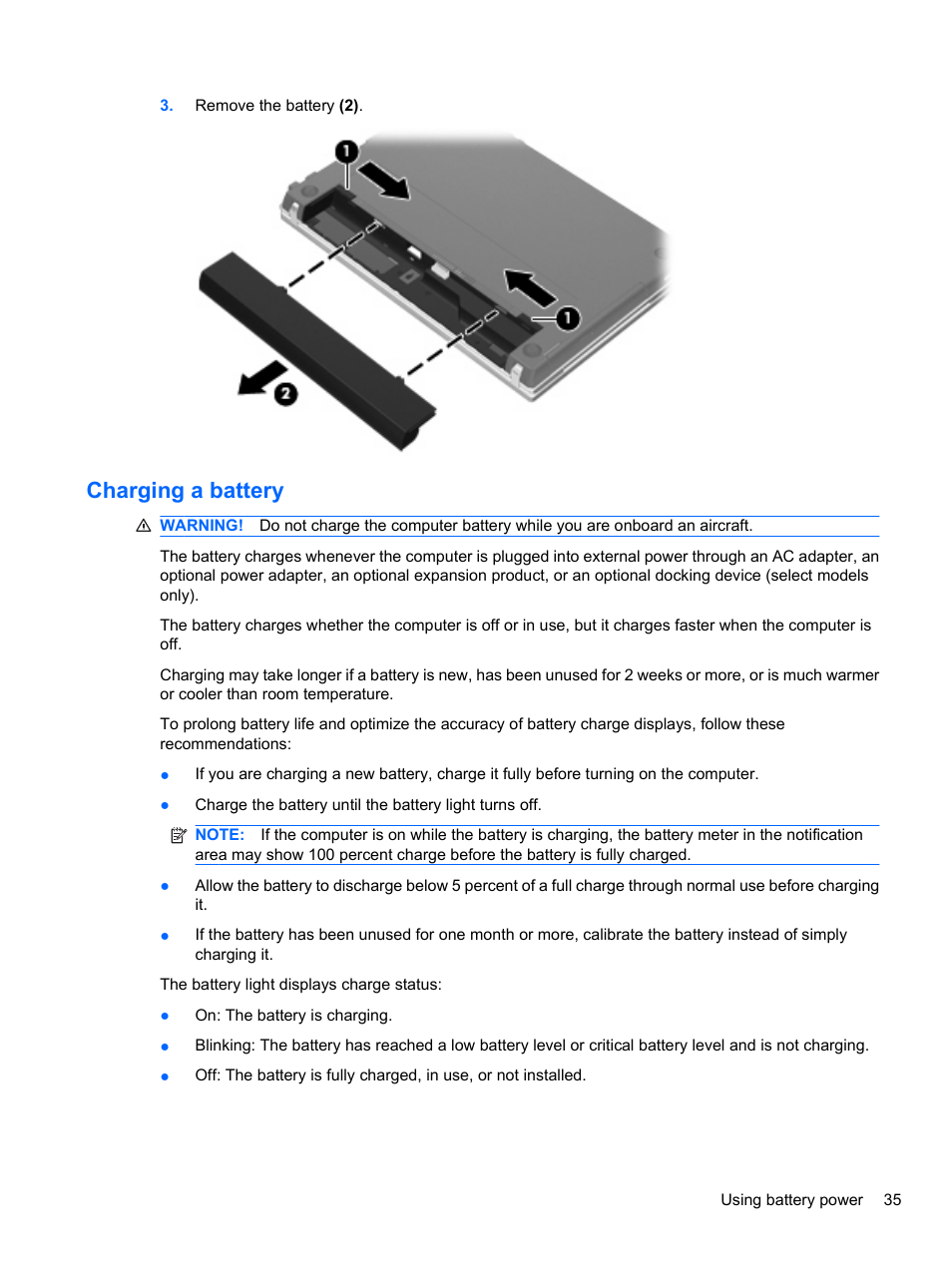 Charging a battery | HP ProBook 4720s Notebook-PC User Manual | Page 45 / 102