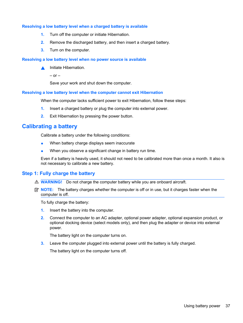 Calibrating a battery, Step 1: fully charge the battery | HP ProBook 4720s Notebook-PC User Manual | Page 47 / 102