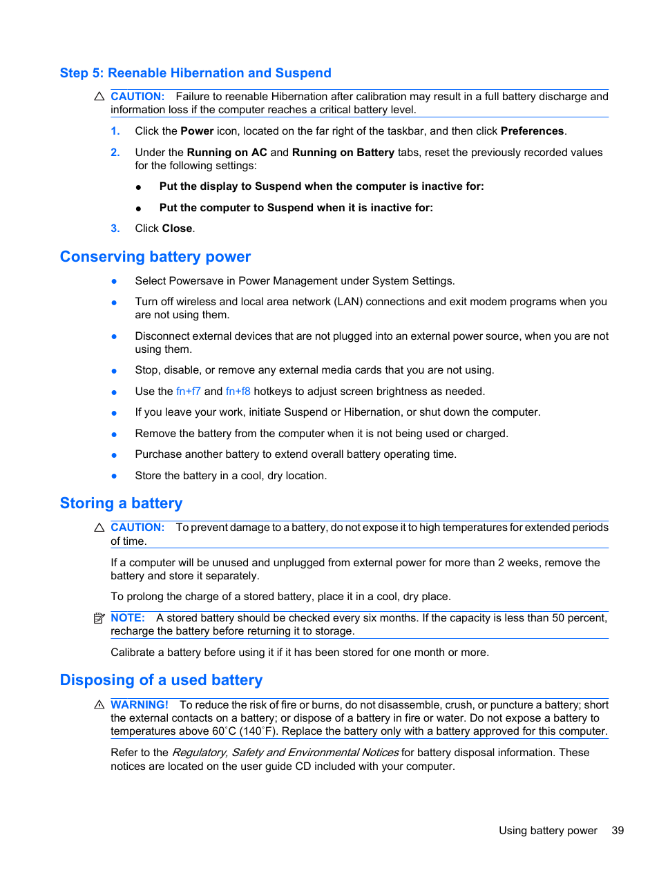 Step 5: reenable hibernation and suspend, Conserving battery power, Storing a battery | Disposing of a used battery | HP ProBook 4720s Notebook-PC User Manual | Page 49 / 102