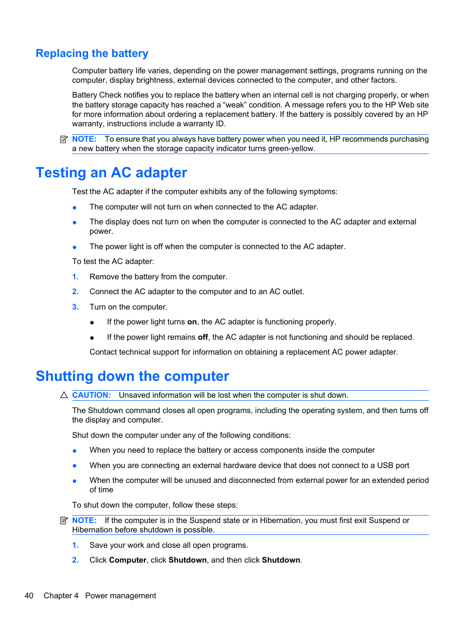 Replacing the battery, Testing an ac adapter, Shutting down the computer | Testing an ac adapter shutting down the computer | HP ProBook 4720s Notebook-PC User Manual | Page 50 / 102