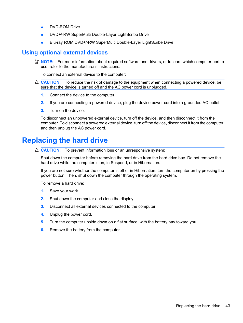 Using optional external devices, Replacing the hard drive | HP ProBook 4720s Notebook-PC User Manual | Page 53 / 102