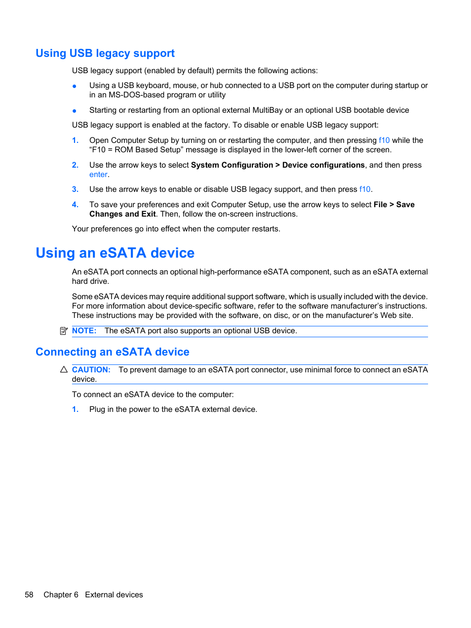 Using usb legacy support, Using an esata device, Connecting an esata device | HP ProBook 4720s Notebook-PC User Manual | Page 68 / 102