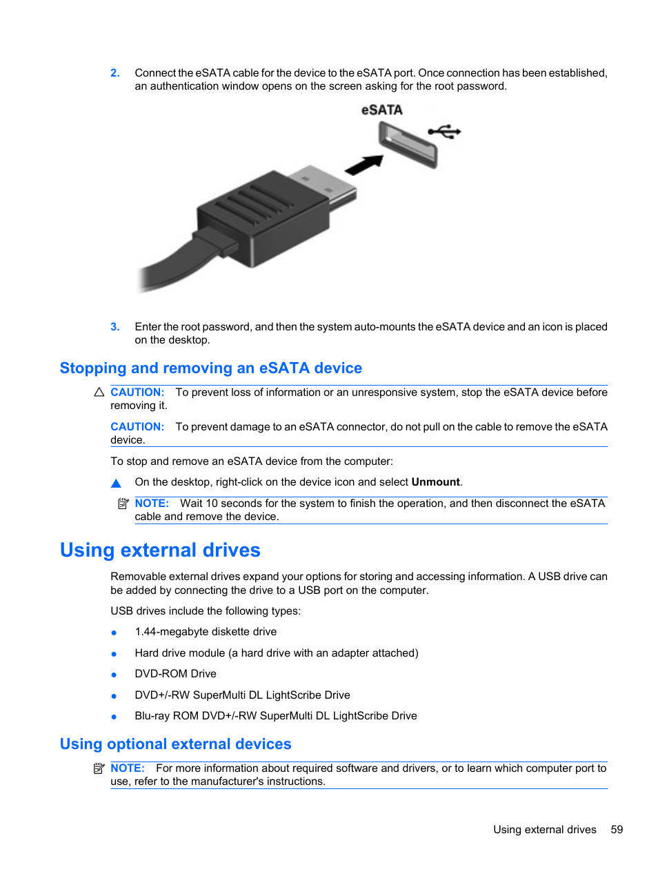 Stopping and removing an esata device, Using external drives, Using optional external devices | HP ProBook 4720s Notebook-PC User Manual | Page 69 / 102