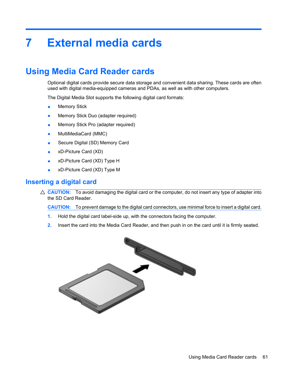 External media cards, Using media card reader cards, Inserting a digital card | 7 external media cards, 7external media cards | HP ProBook 4720s Notebook-PC User Manual | Page 71 / 102