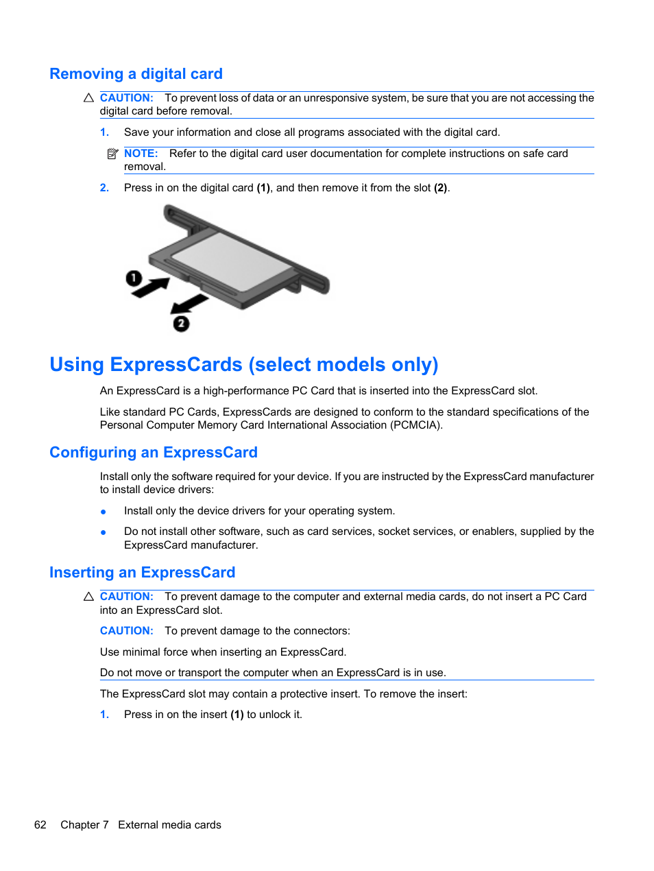 Removing a digital card, Using expresscards (select models only), Configuring an expresscard | Inserting an expresscard | HP ProBook 4720s Notebook-PC User Manual | Page 72 / 102