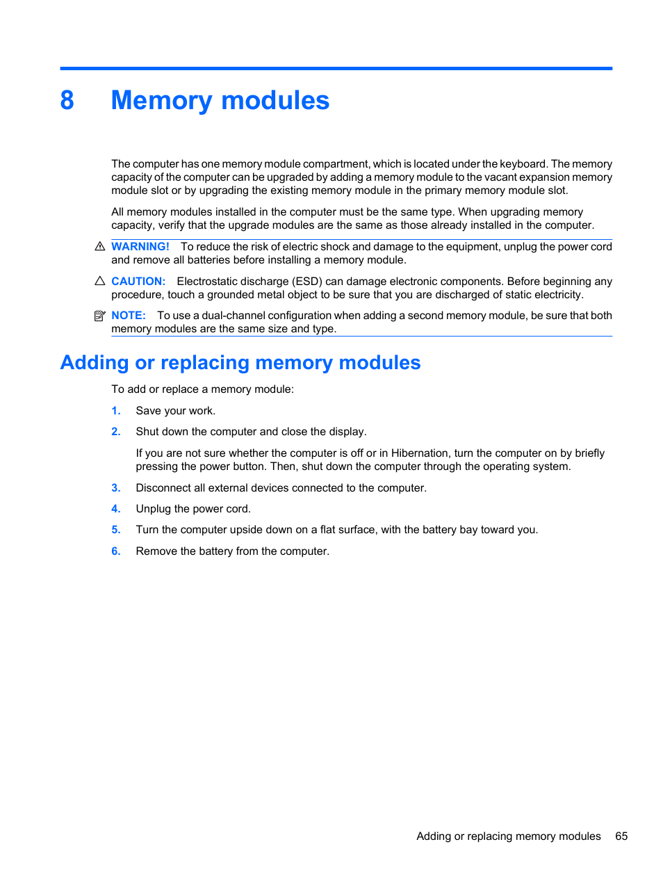 Memory modules, Adding or replacing memory modules, 8 memory modules | HP ProBook 4720s Notebook-PC User Manual | Page 75 / 102