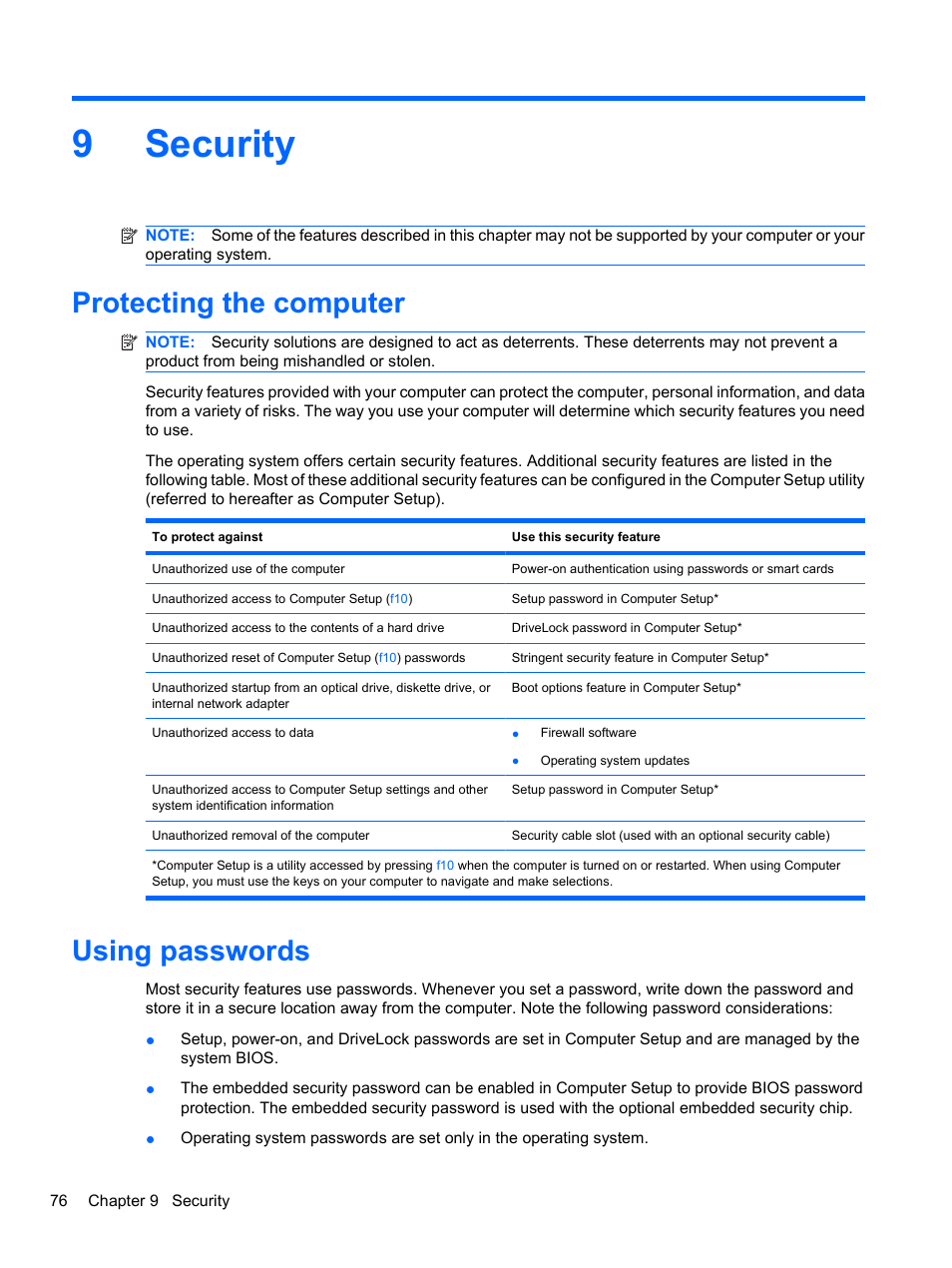 Security, Protecting the computer, Using passwords | 9 security, Protecting the computer using passwords, 9security | HP ProBook 4720s Notebook-PC User Manual | Page 86 / 102