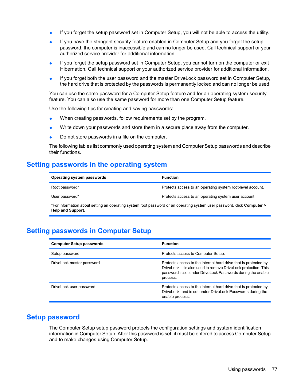 Setting passwords in the operating system, Setting passwords in computer setup, Setup password | HP ProBook 4720s Notebook-PC User Manual | Page 87 / 102