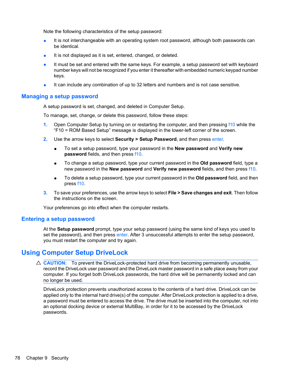 Managing a setup password, Entering a setup password, Using computer setup drivelock | HP ProBook 4720s Notebook-PC User Manual | Page 88 / 102