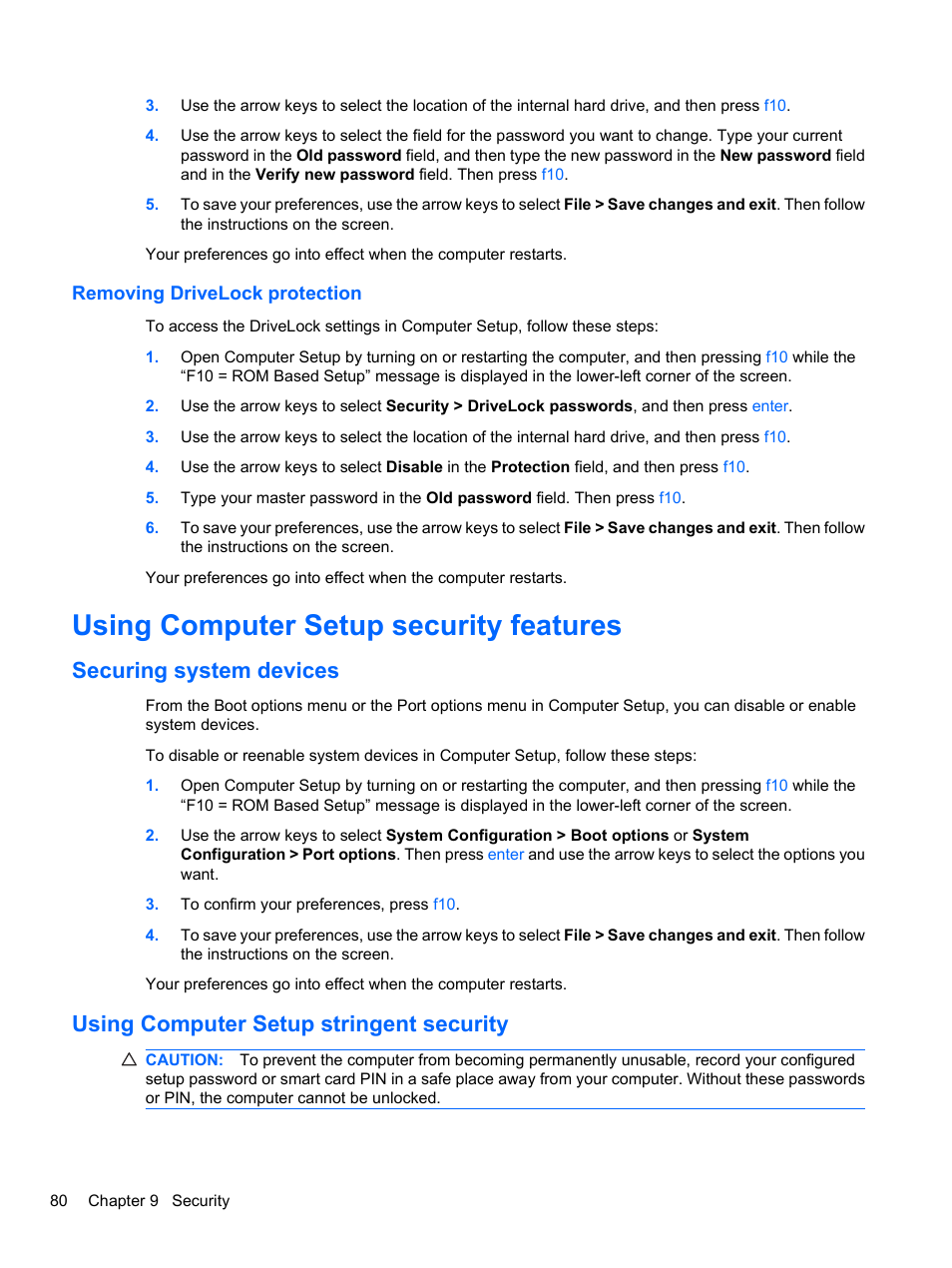 Removing drivelock protection, Using computer setup security features, Securing system devices | Using computer setup stringent security | HP ProBook 4720s Notebook-PC User Manual | Page 90 / 102