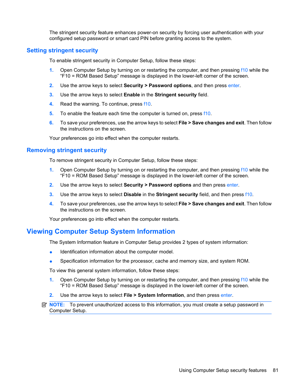 Setting stringent security, Removing stringent security, Viewing computer setup system information | HP ProBook 4720s Notebook-PC User Manual | Page 91 / 102
