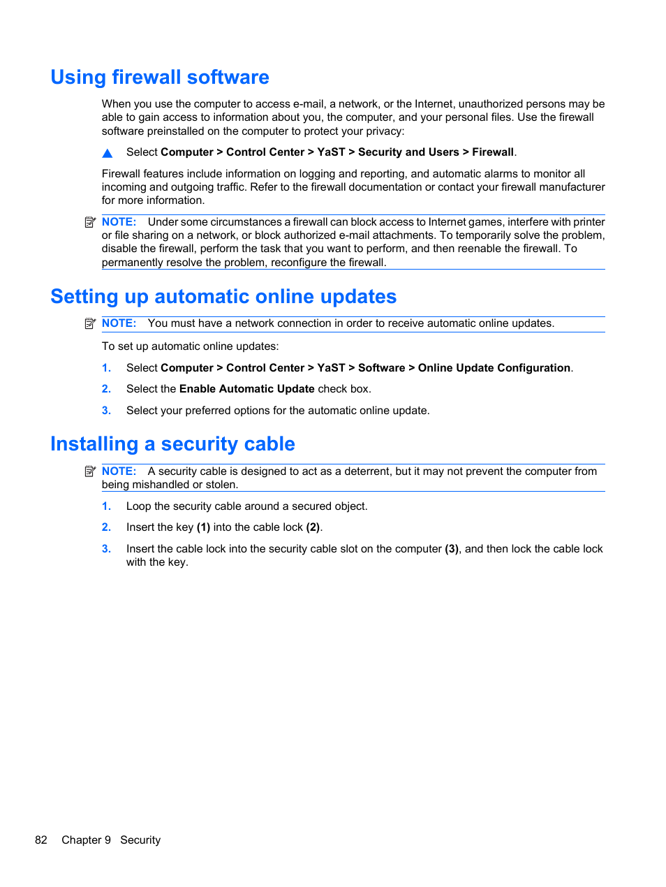 Using firewall software, Setting up automatic online updates, Installing a security cable | HP ProBook 4720s Notebook-PC User Manual | Page 92 / 102