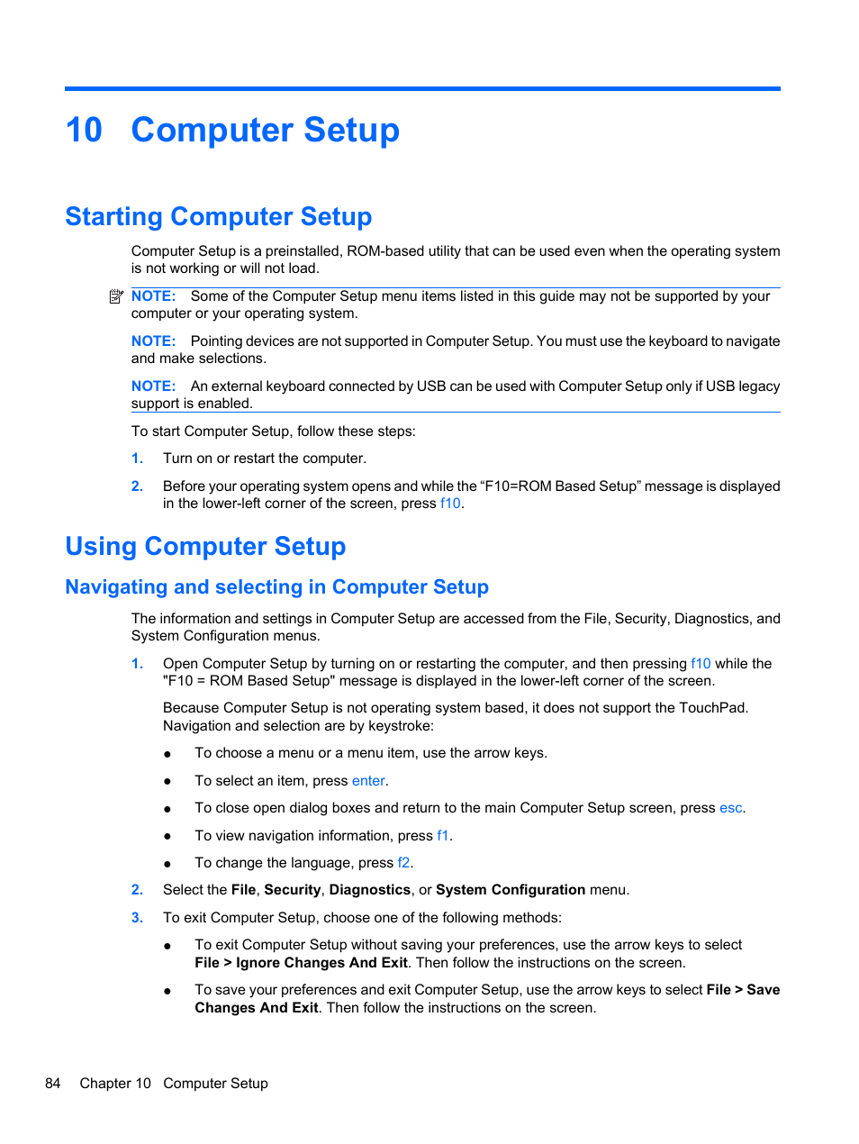 Computer setup, Starting computer setup, Using computer setup | Navigating and selecting in computer setup, 10 computer setup, Starting computer setup using computer setup | HP ProBook 4720s Notebook-PC User Manual | Page 94 / 102