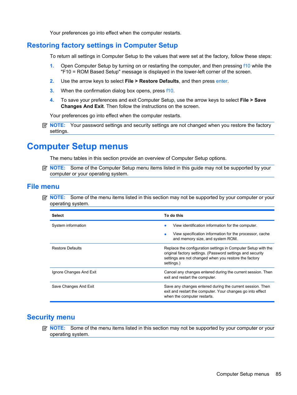 Restoring factory settings in computer setup, Computer setup menus, File menu | Security menu, File menu security menu | HP ProBook 4720s Notebook-PC User Manual | Page 95 / 102