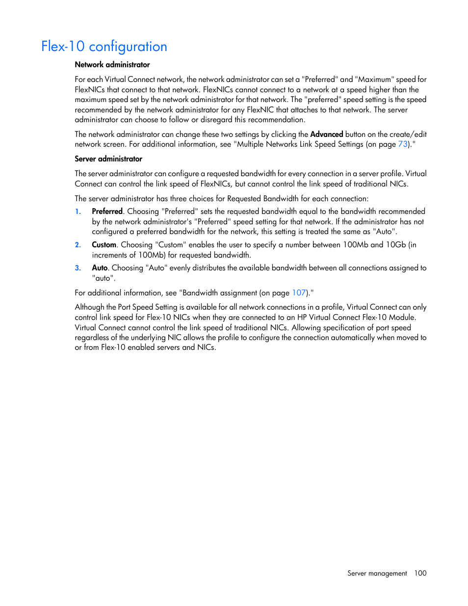 Flex-10 configuration | HP 1.10GB Virtual Connect Ethernet Module for c-Class BladeSystem User Manual | Page 100 / 195