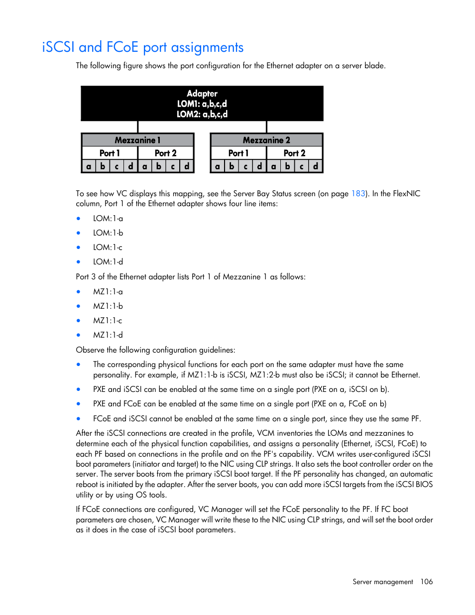 Iscsi and fcoe port assignments | HP 1.10GB Virtual Connect Ethernet Module for c-Class BladeSystem User Manual | Page 106 / 195