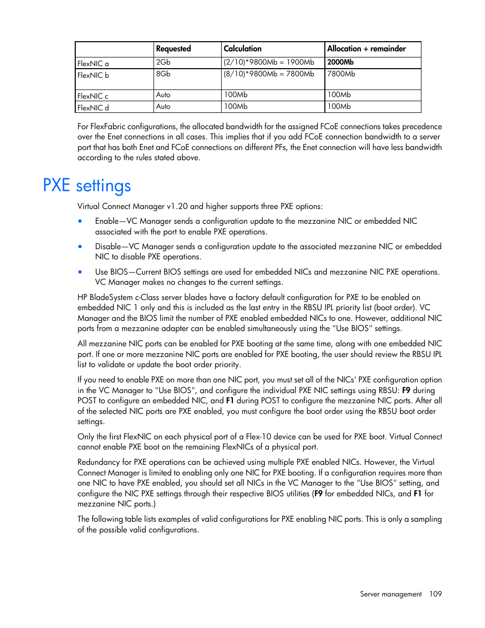 Pxe settings | HP 1.10GB Virtual Connect Ethernet Module for c-Class BladeSystem User Manual | Page 109 / 195