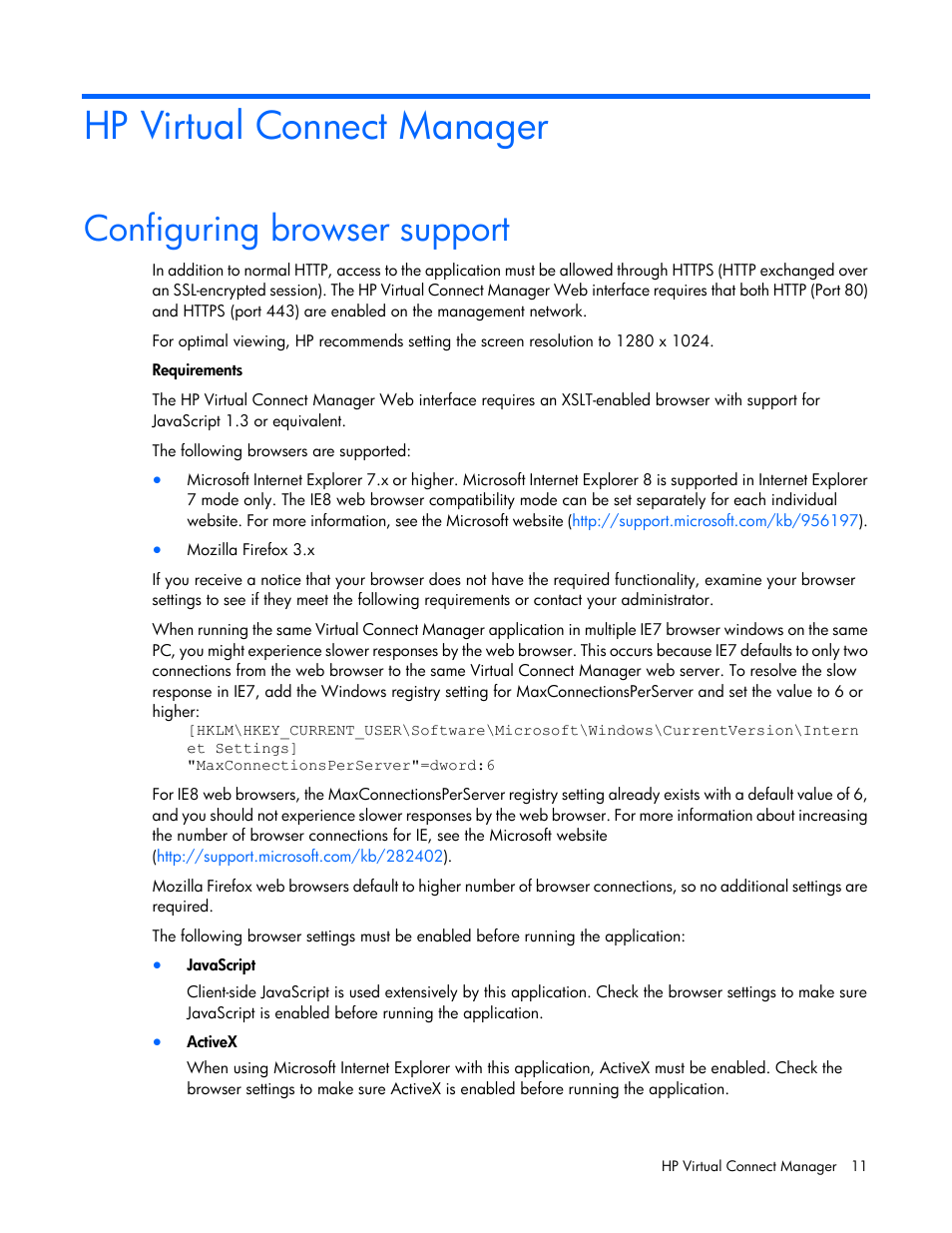 Hp virtual connect manager, Configuring browser support | HP 1.10GB Virtual Connect Ethernet Module for c-Class BladeSystem User Manual | Page 11 / 195