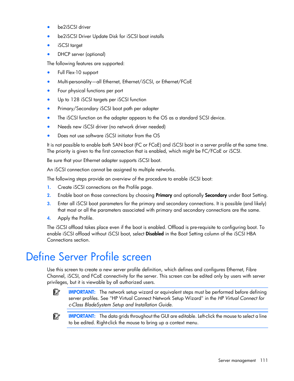 Define server profile screen | HP 1.10GB Virtual Connect Ethernet Module for c-Class BladeSystem User Manual | Page 111 / 195