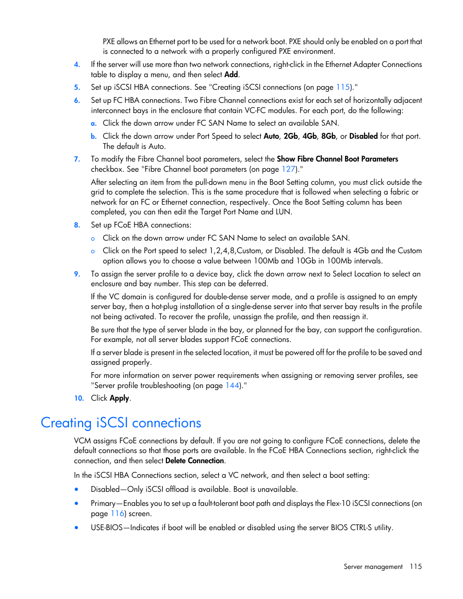 Creating iscsi connections | HP 1.10GB Virtual Connect Ethernet Module for c-Class BladeSystem User Manual | Page 115 / 195