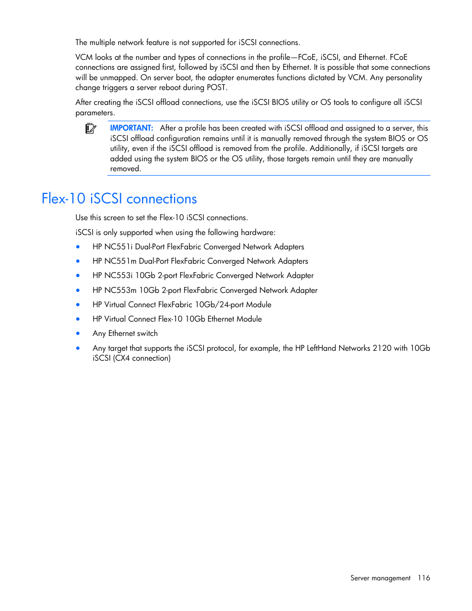 Flex-10 iscsi connections | HP 1.10GB Virtual Connect Ethernet Module for c-Class BladeSystem User Manual | Page 116 / 195