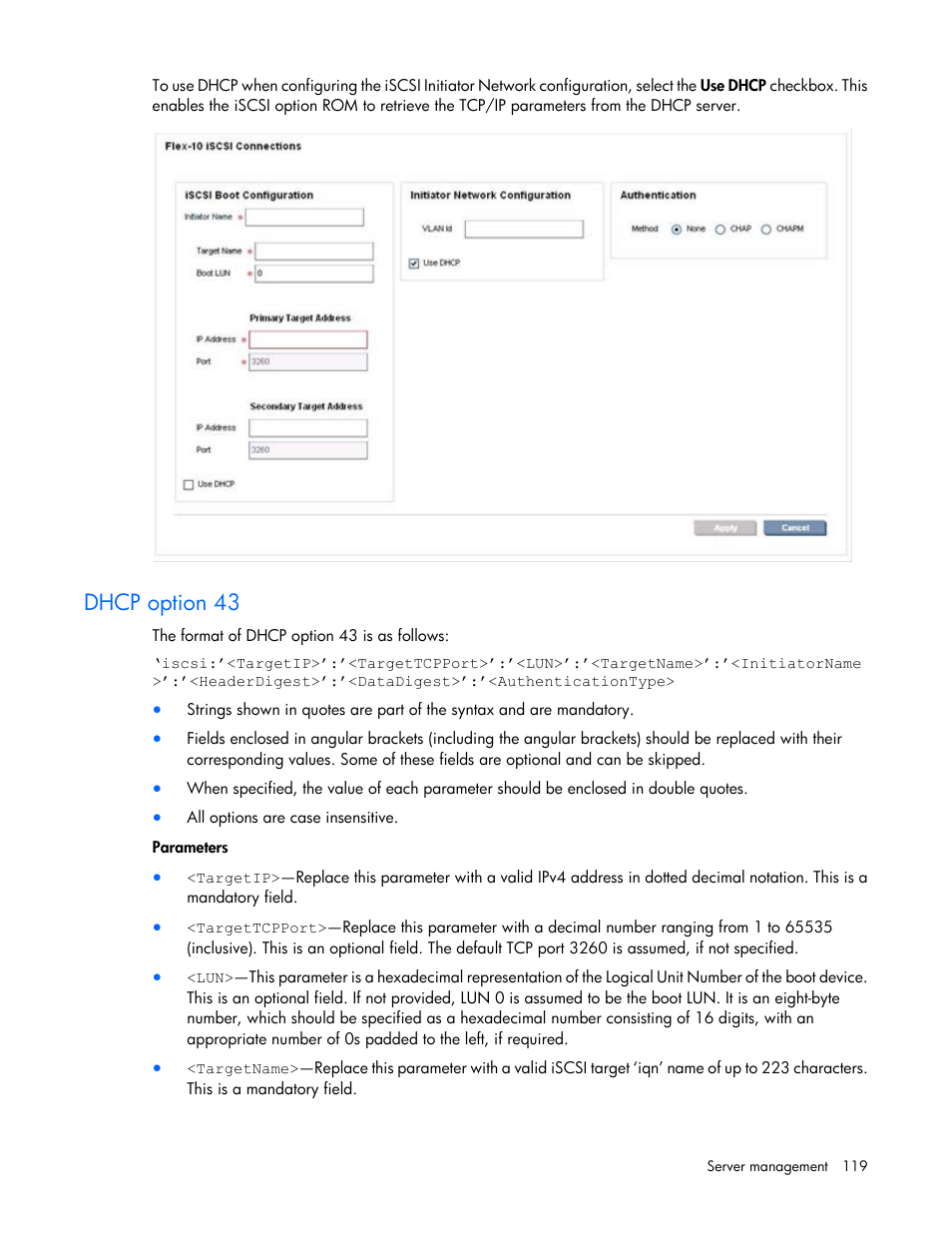 Dhcp option 43 | HP 1.10GB Virtual Connect Ethernet Module for c-Class BladeSystem User Manual | Page 119 / 195