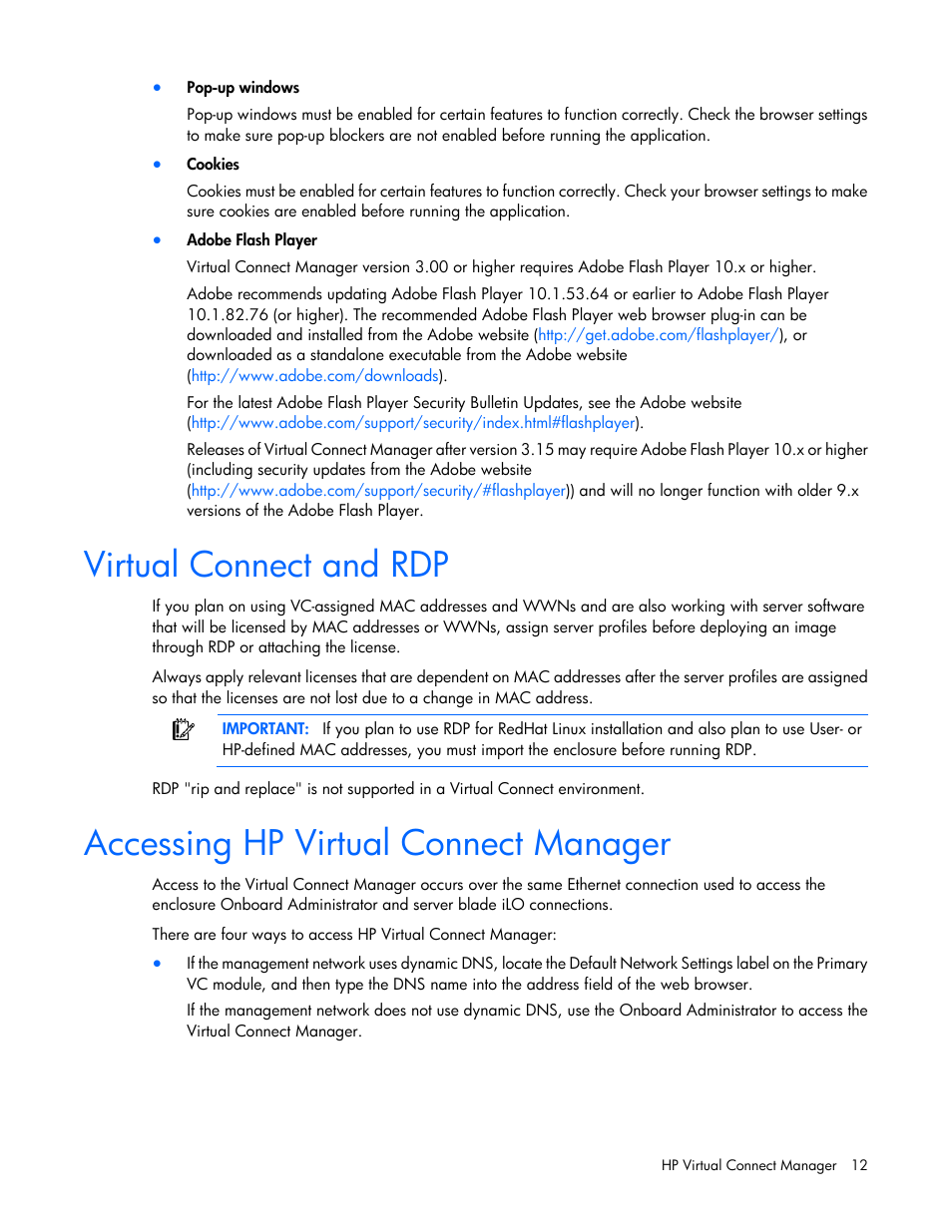 Virtual connect and rdp, Accessing hp virtual connect manager | HP 1.10GB Virtual Connect Ethernet Module for c-Class BladeSystem User Manual | Page 12 / 195