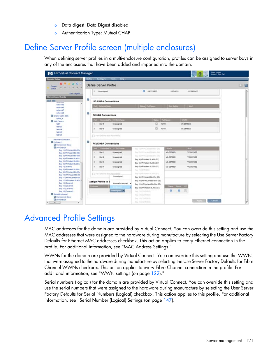 Define server profile screen (multiple enclosures), Advanced profile settings | HP 1.10GB Virtual Connect Ethernet Module for c-Class BladeSystem User Manual | Page 121 / 195