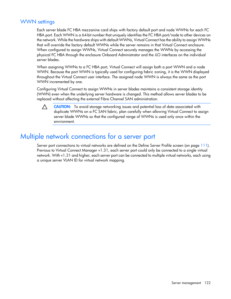 Wwn settings, Multiple network connections for a server port | HP 1.10GB Virtual Connect Ethernet Module for c-Class BladeSystem User Manual | Page 122 / 195