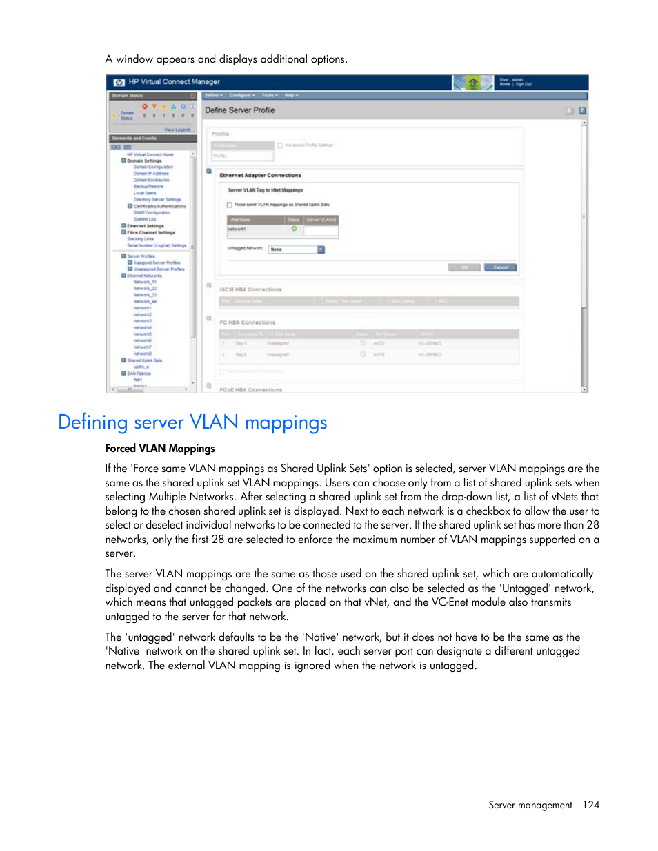 Defining server vlan mappings | HP 1.10GB Virtual Connect Ethernet Module for c-Class BladeSystem User Manual | Page 124 / 195