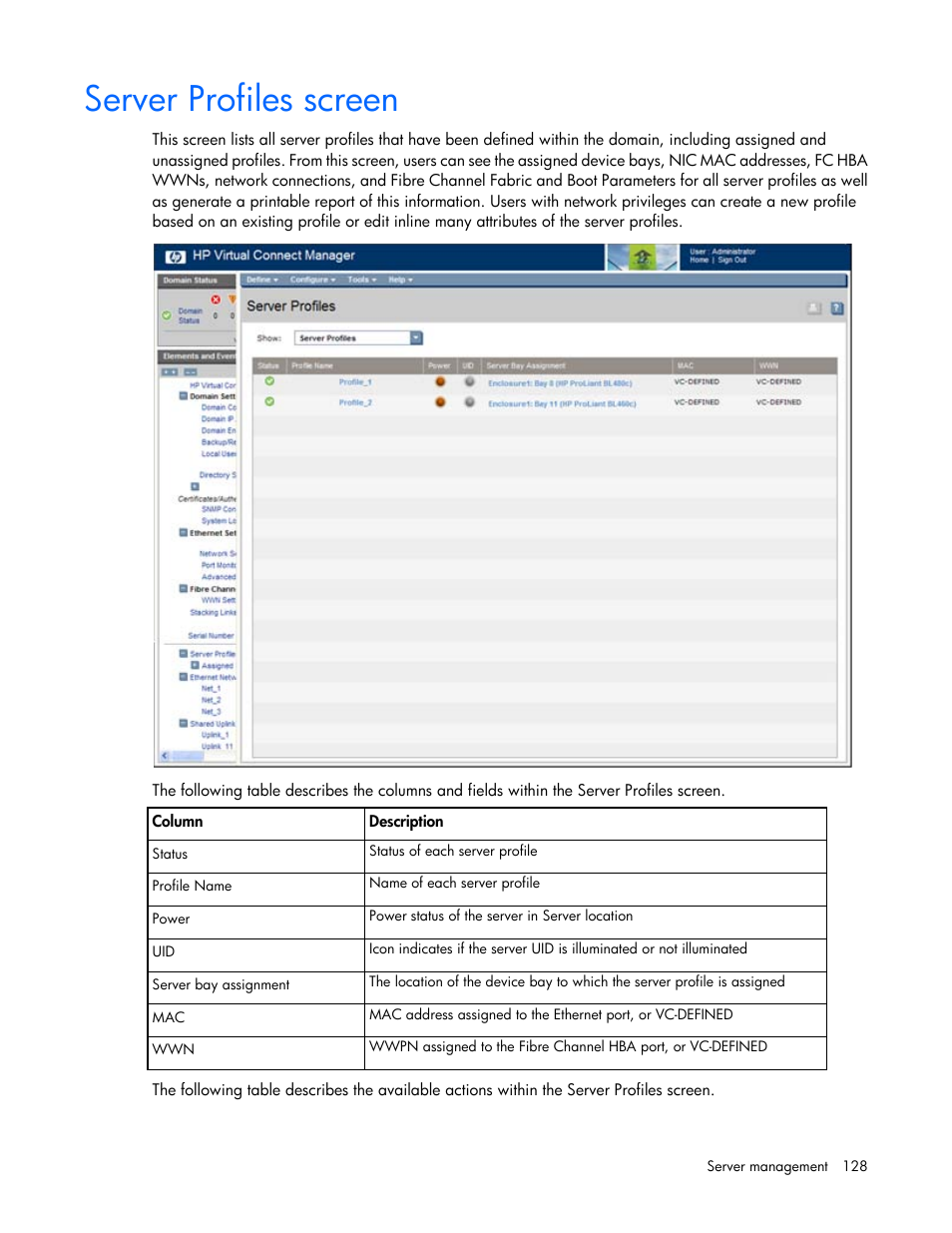 Server profiles screen | HP 1.10GB Virtual Connect Ethernet Module for c-Class BladeSystem User Manual | Page 128 / 195