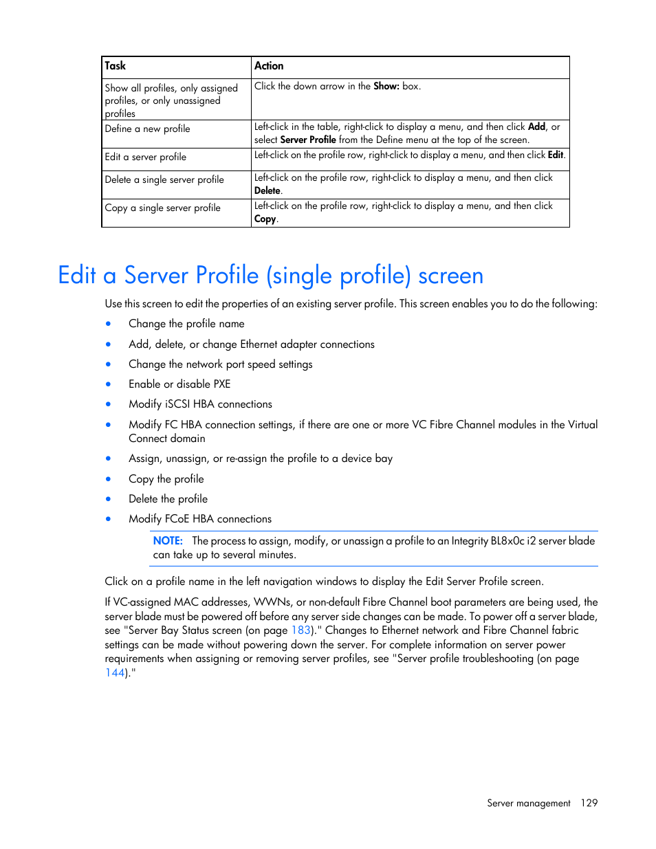 Edit a server profile (single profile) screen | HP 1.10GB Virtual Connect Ethernet Module for c-Class BladeSystem User Manual | Page 129 / 195