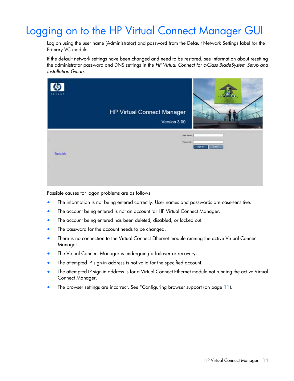 Logging on to the hp virtual connect manager gui | HP 1.10GB Virtual Connect Ethernet Module for c-Class BladeSystem User Manual | Page 14 / 195