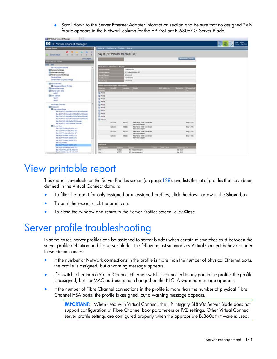 View printable report, Server profile troubleshooting | HP 1.10GB Virtual Connect Ethernet Module for c-Class BladeSystem User Manual | Page 144 / 195