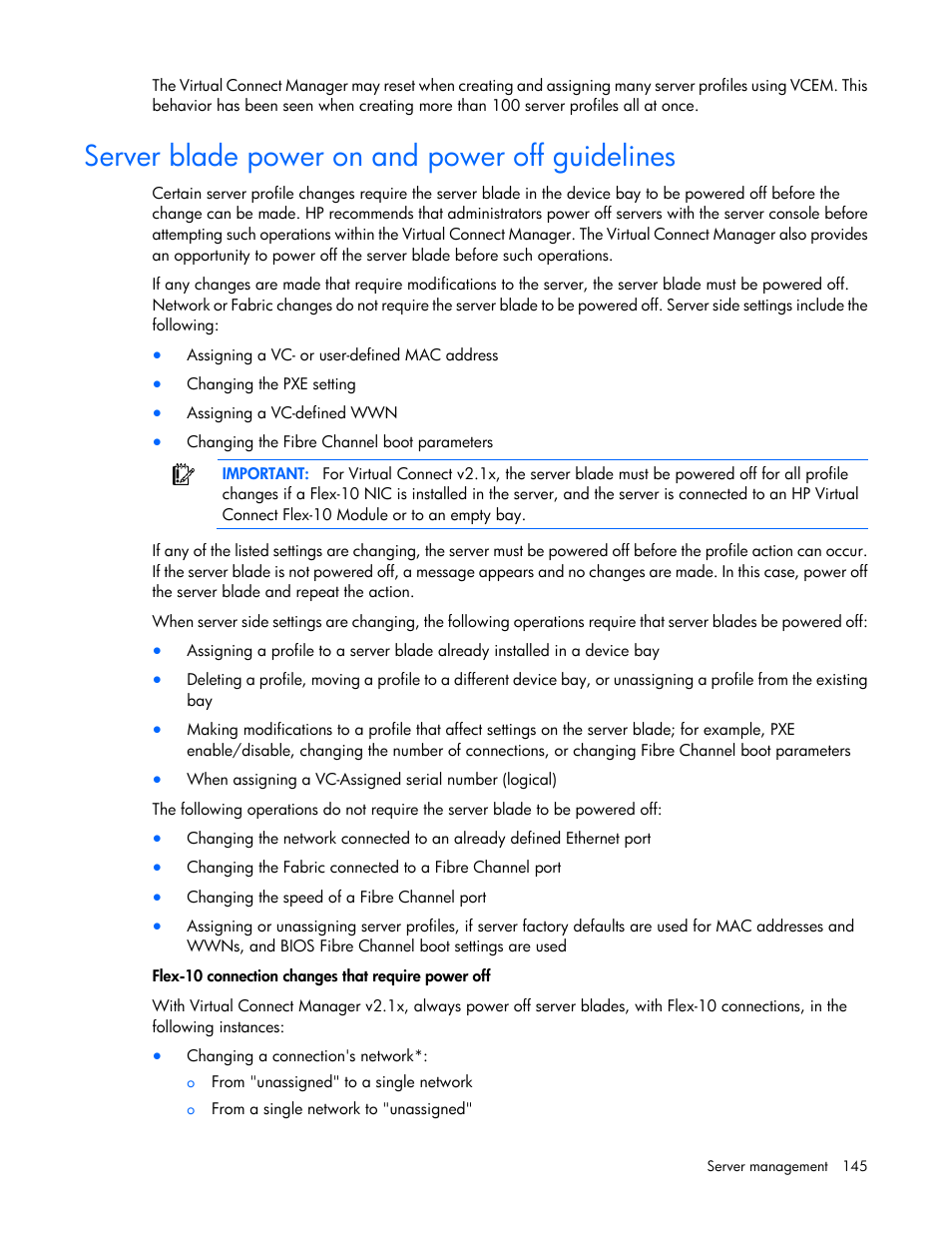 Server blade power on and power off guidelines | HP 1.10GB Virtual Connect Ethernet Module for c-Class BladeSystem User Manual | Page 145 / 195